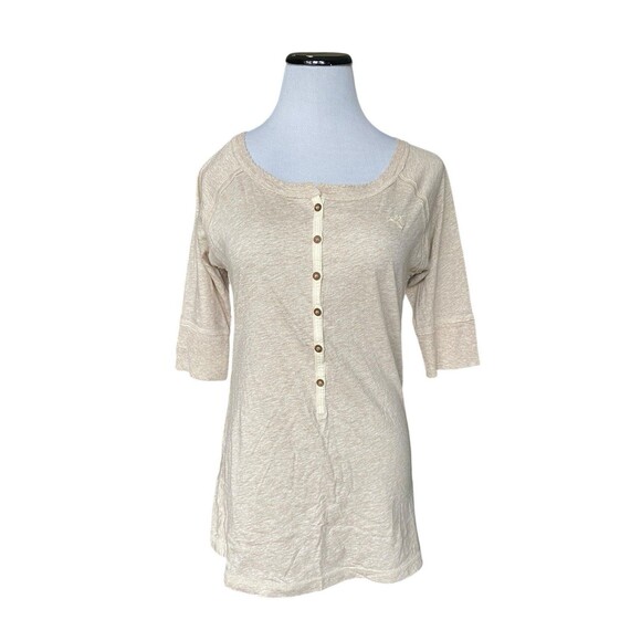 Gloria Jeans Tops - Womens Y2K Scoop Neck Fitted Henley Top Size XL Oatmeal Mallcore Layer Twilight